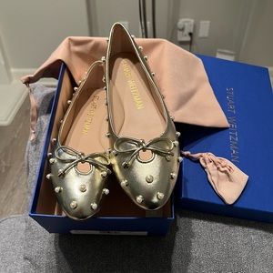 NEW Stuart Weitzman Gold Leather Pearl studded bow Ballerina flats
